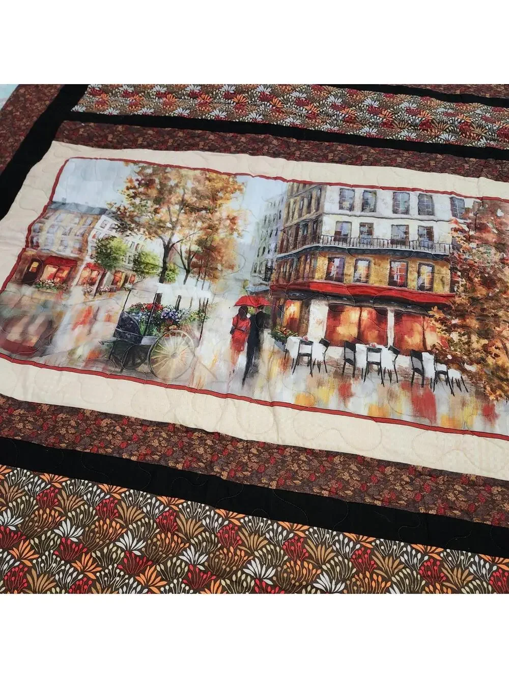 New Beautiful Handcrafted Autumn-Themed Quilt with Parisian Street Scene